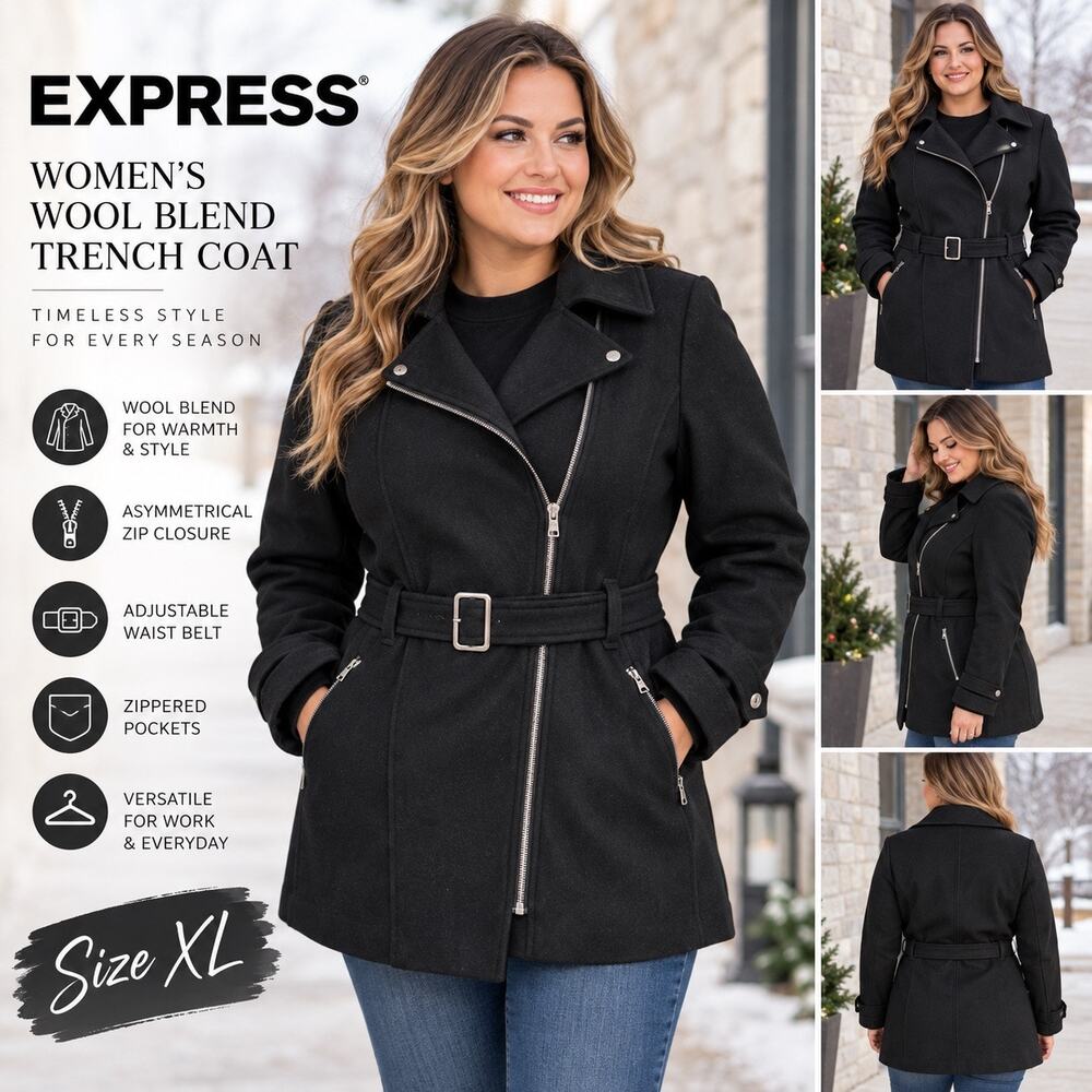 Express Womens XL Black Wool Blend Belted Asymmetrical Zip Trench Coat